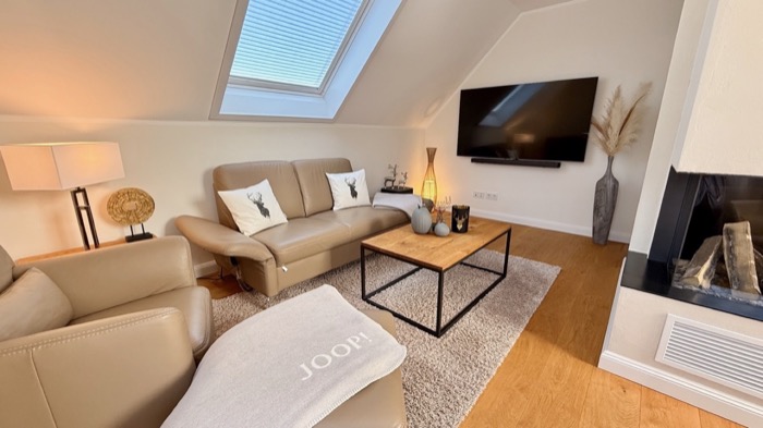 HarzElegance Walkenried – Wohnzimmer mit Kamin und Ausblick auf den Südharz